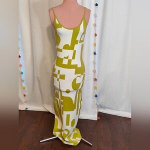 Spring sweater Dress avacado Super graphic Maxi Maximalist Chic form fit  M/L